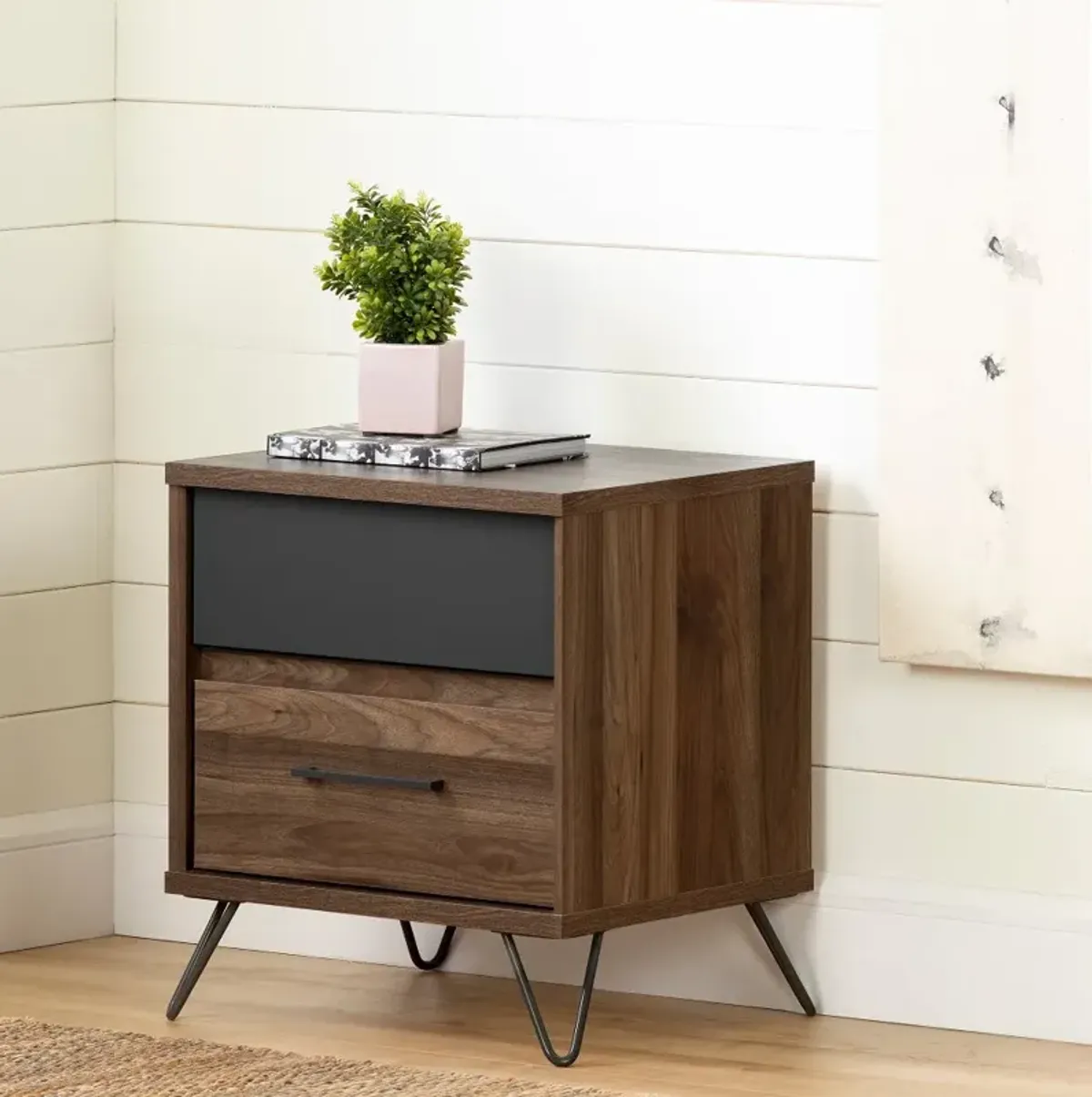 Modern Walnut and Charcoal Nightstand - South Shore