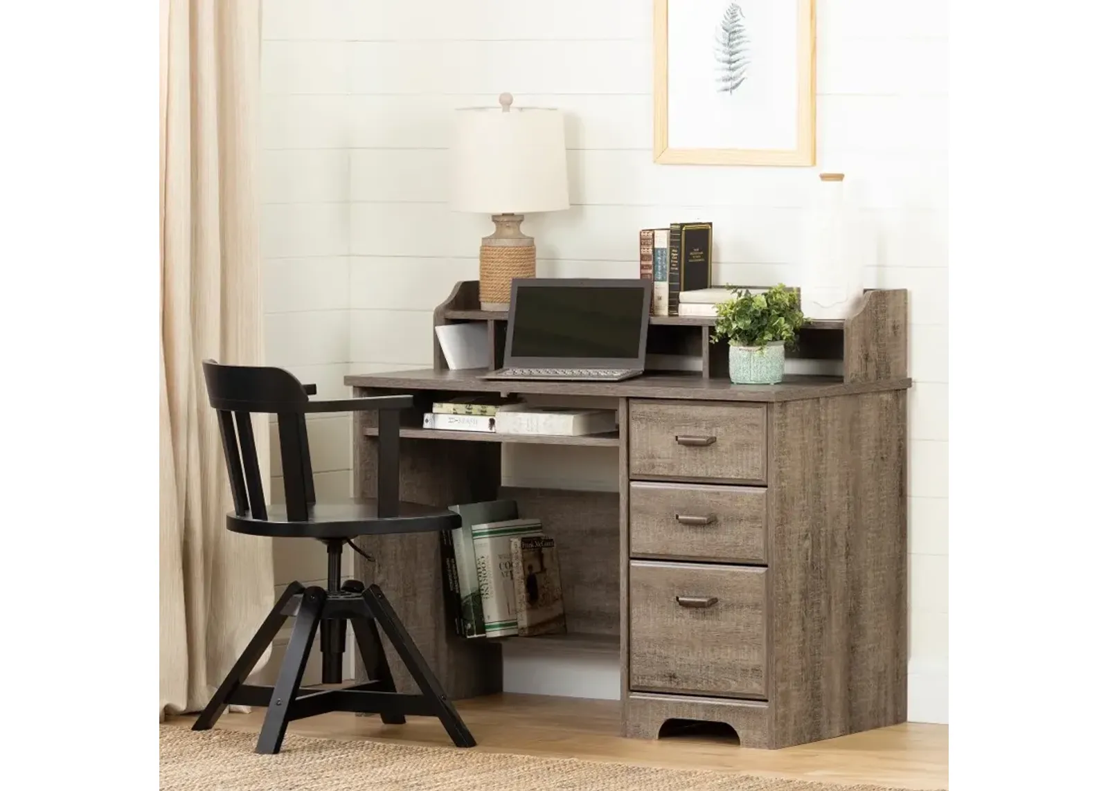 Versa Dark Brown Oak Computer Desk with Hutch - South Shore