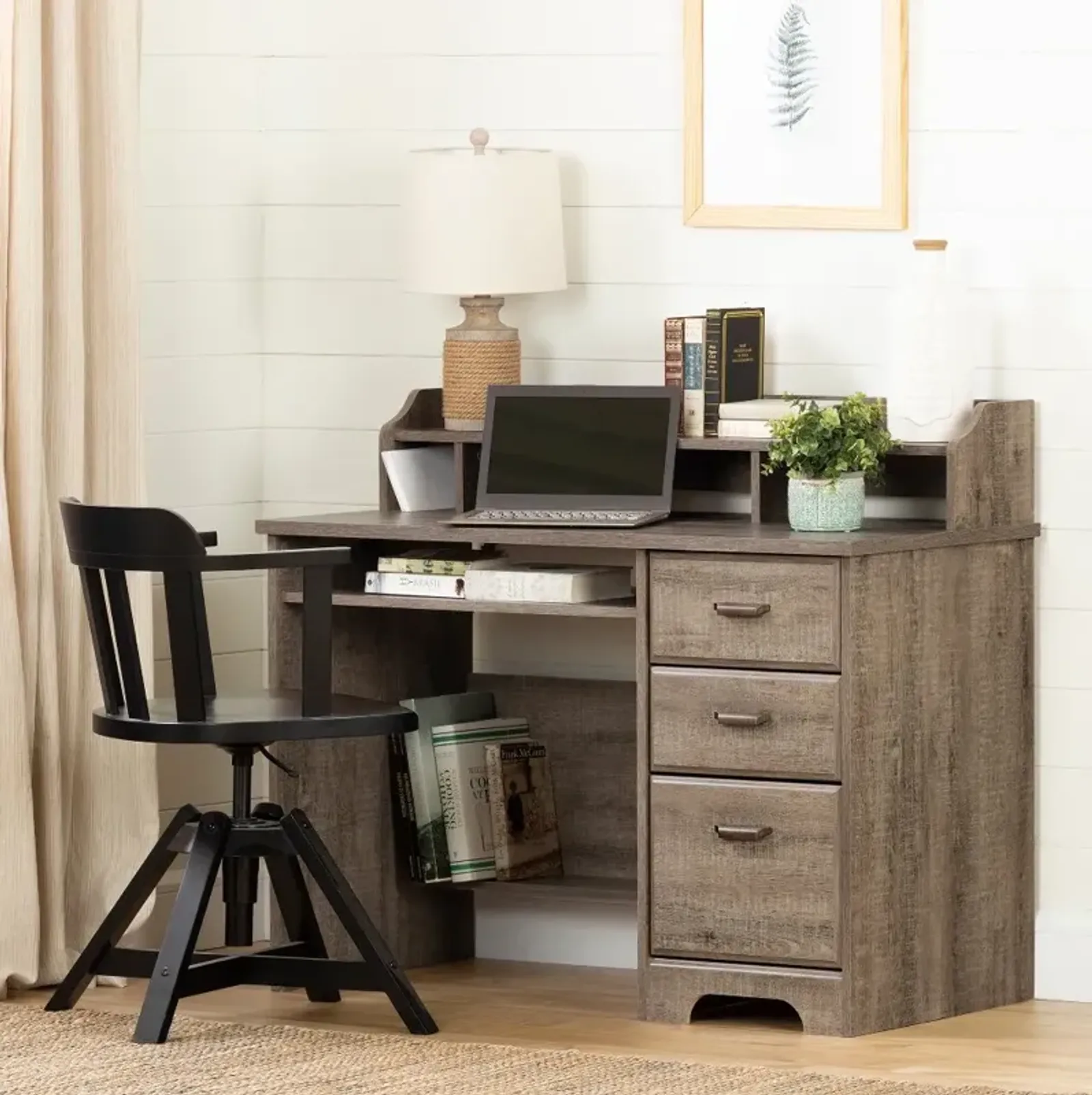 Versa Dark Brown Oak Computer Desk with Hutch - South Shore