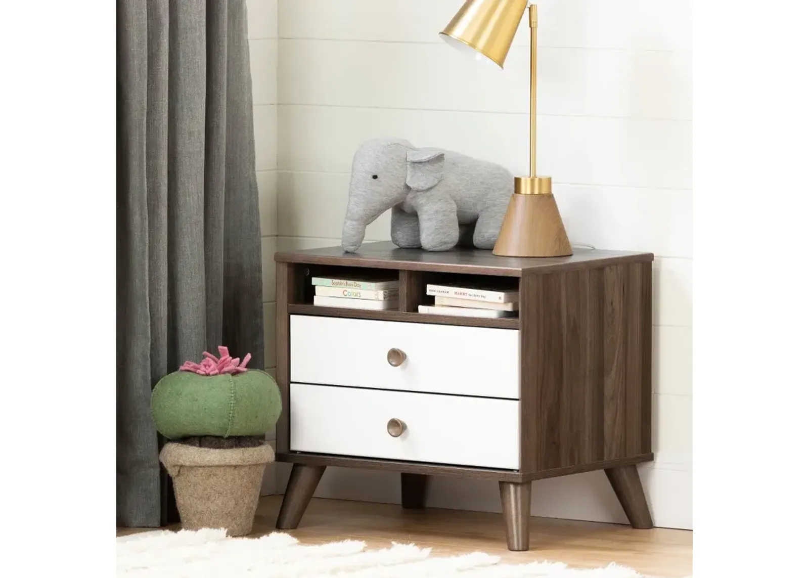 Yodi Modern Walnut Brown and White Nightstand - South Shore