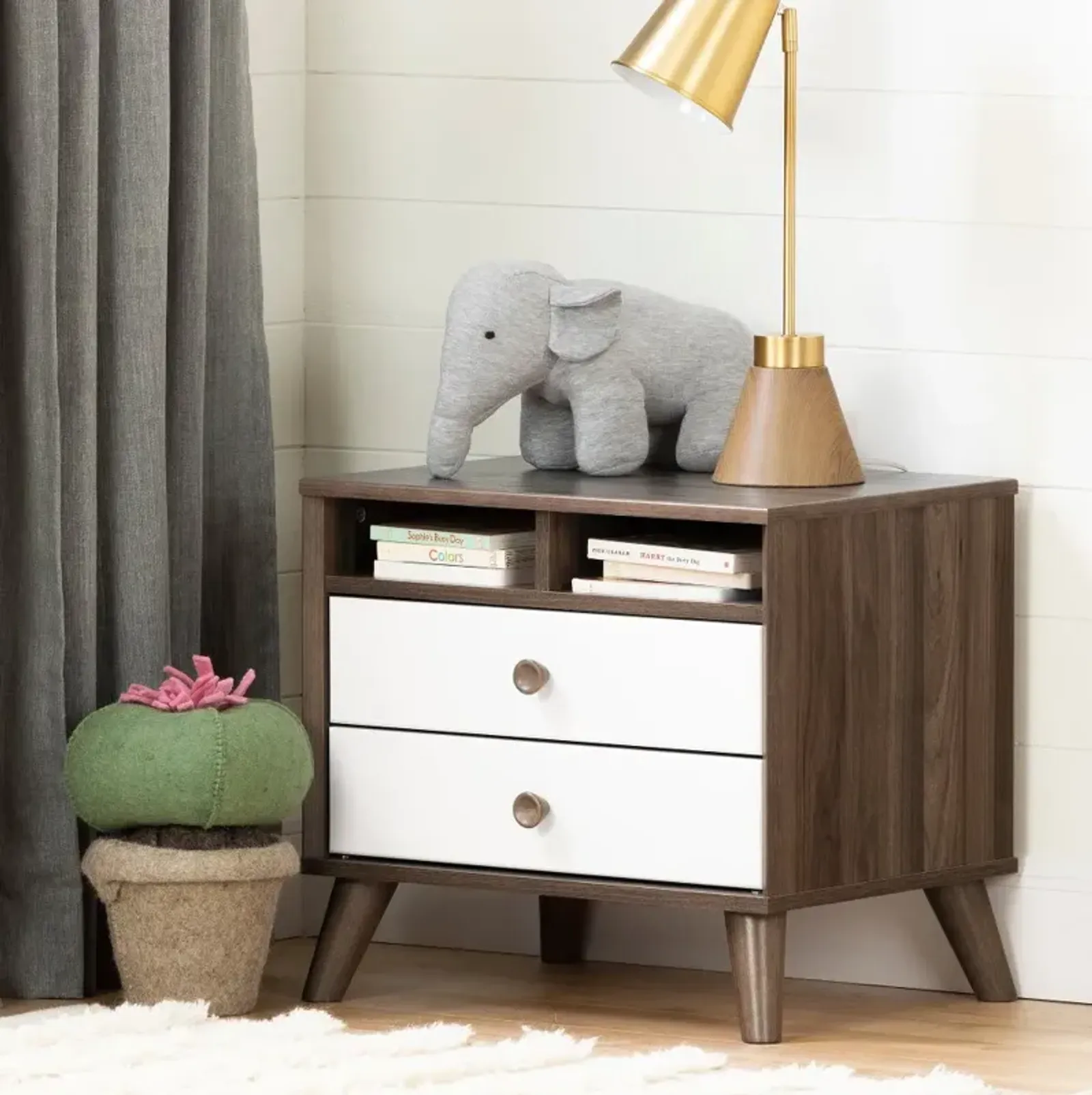 Yodi Modern Walnut Brown and White Nightstand - South Shore