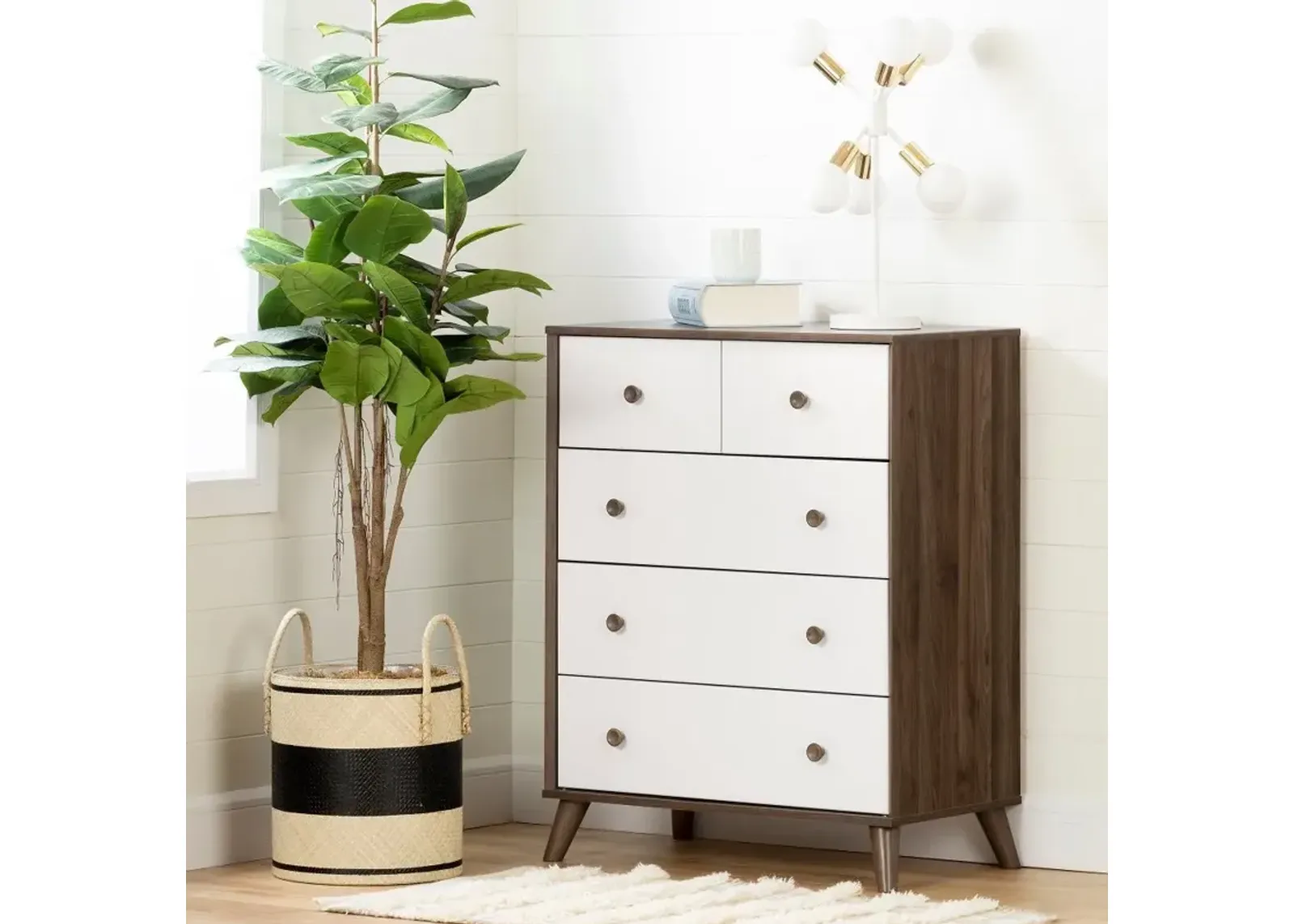 Yodi Modern Walnut Brown and White Chest of Drawers - South Shore