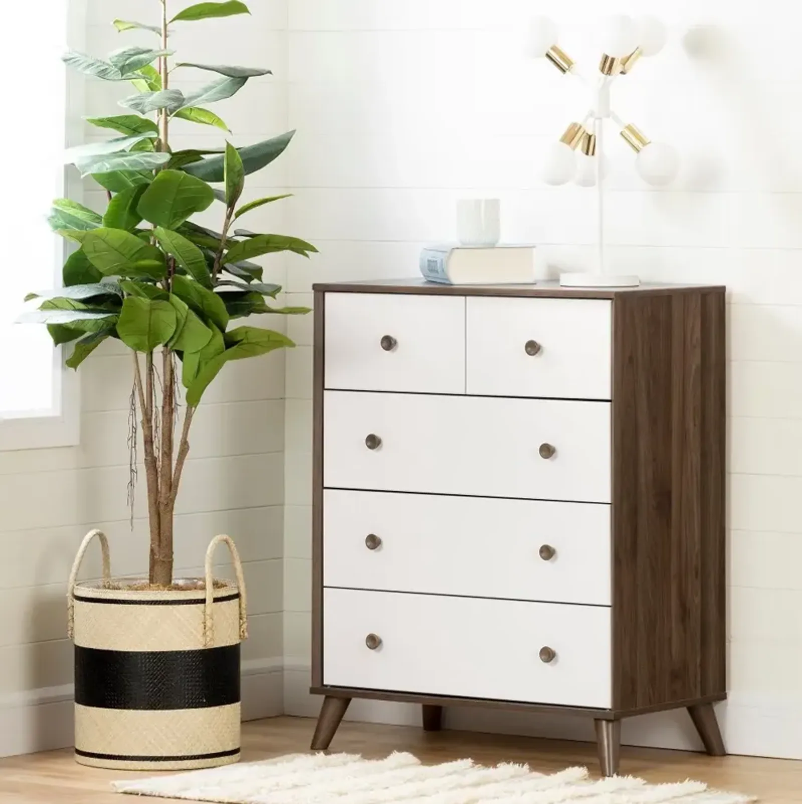 Yodi Modern Walnut Brown and White Chest of Drawers - South Shore