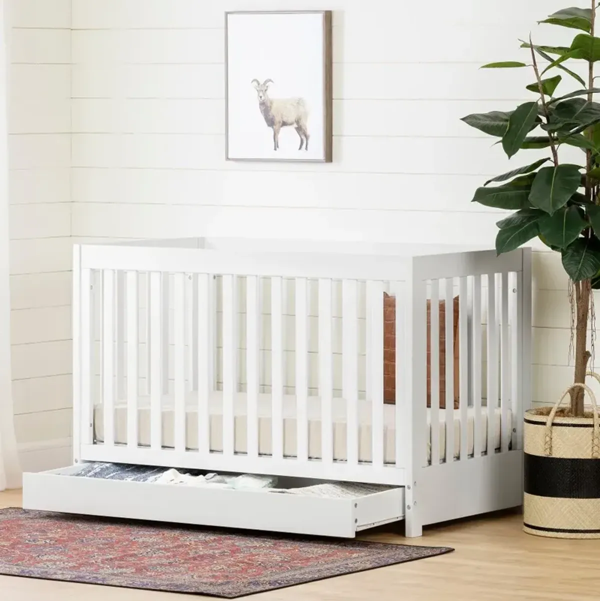 Yodi Modern White Crib with Drawer and Toddler Rail - South Shore