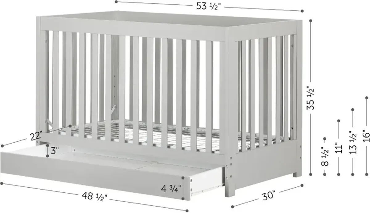 Yodi Modern Light Gray Crib with Drawer and Toddler Rail - South Shore