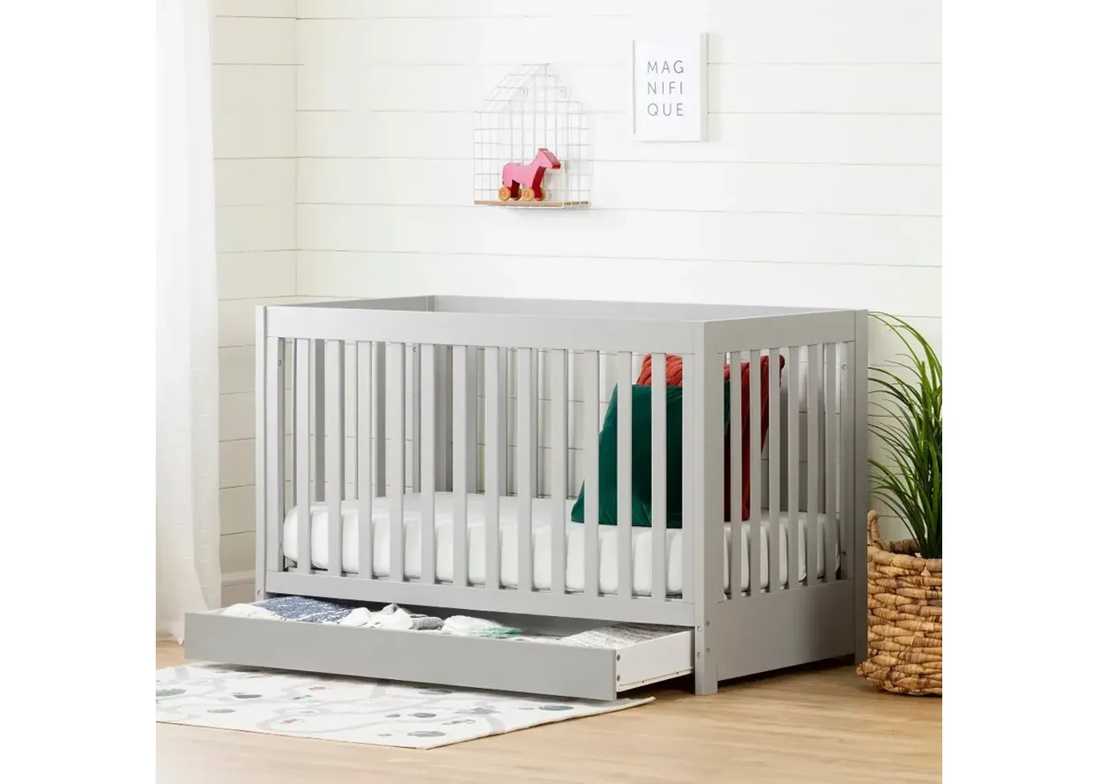 Yodi Modern Light Gray Crib with Drawer and Toddler Rail - South Shore