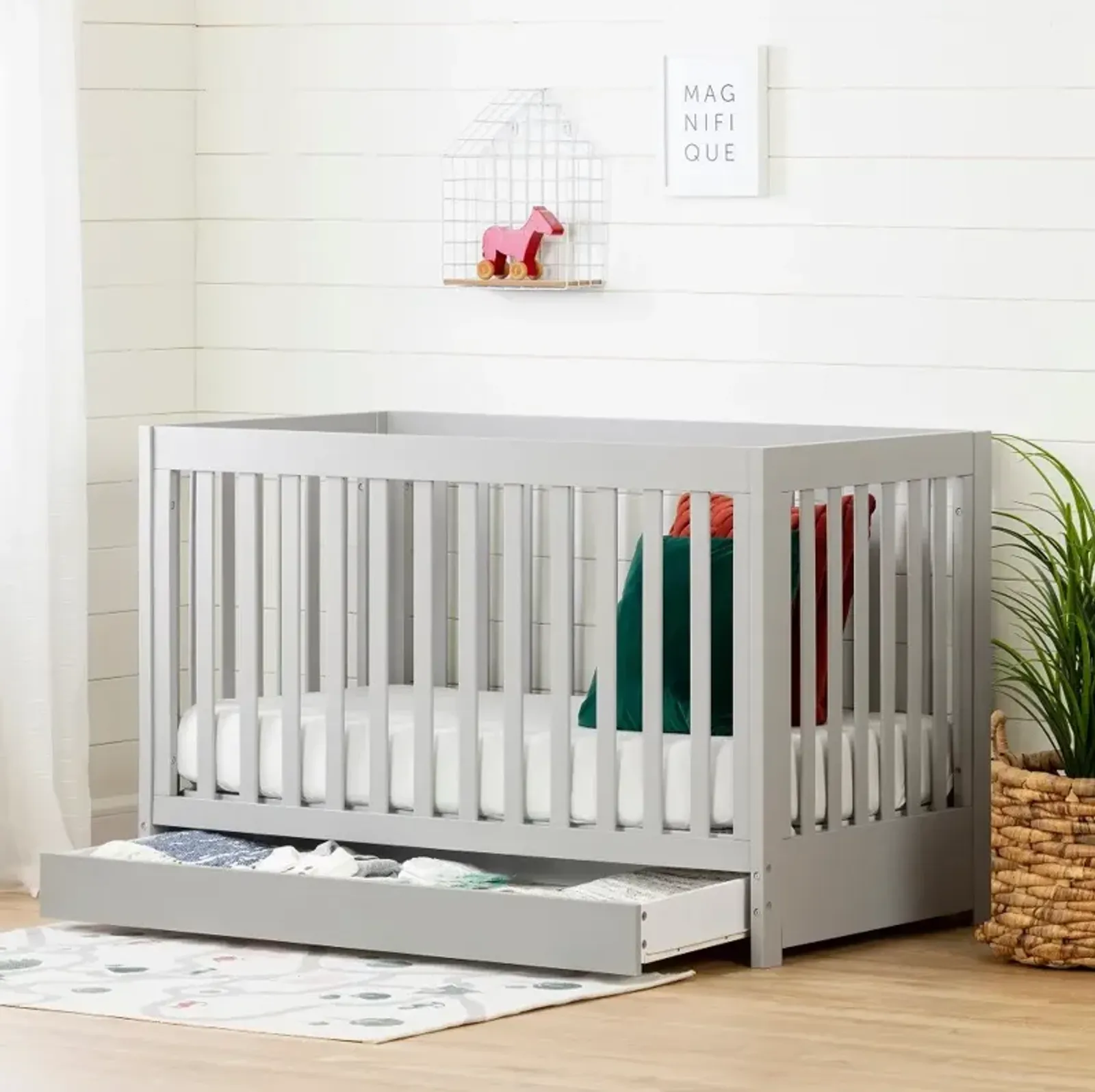 Yodi Modern Light Gray Crib with Drawer and Toddler Rail - South Shore