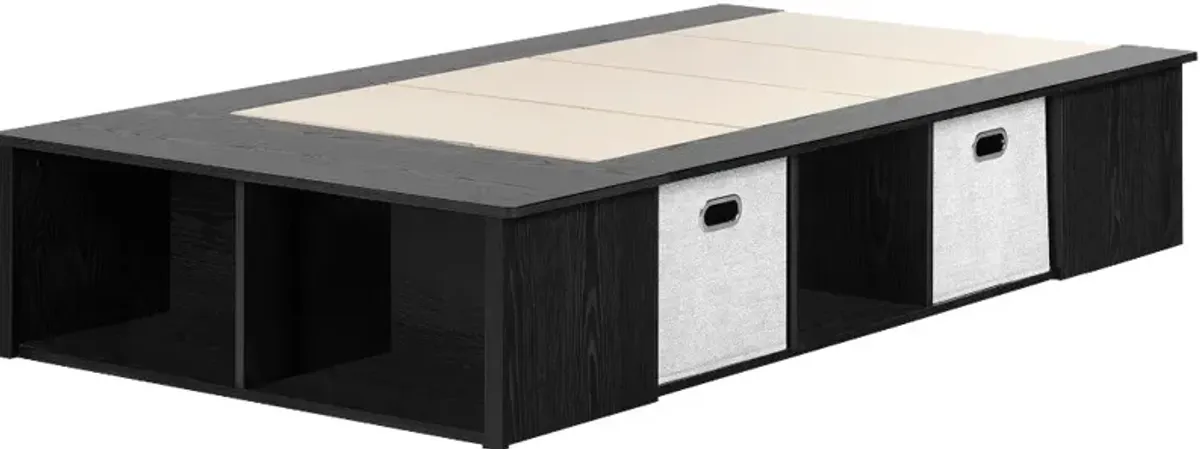 Black Oak Twin Platform Bed with Storage Bins - South Shore