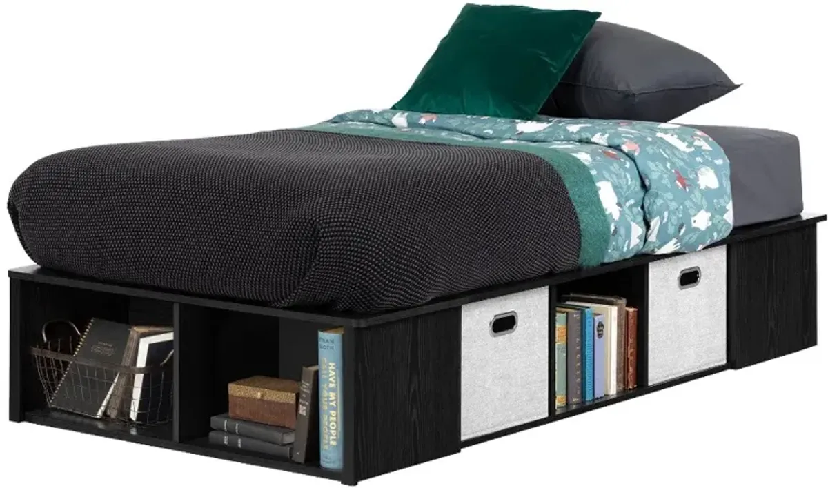 Black Oak Twin Platform Bed with Storage Bins - South Shore