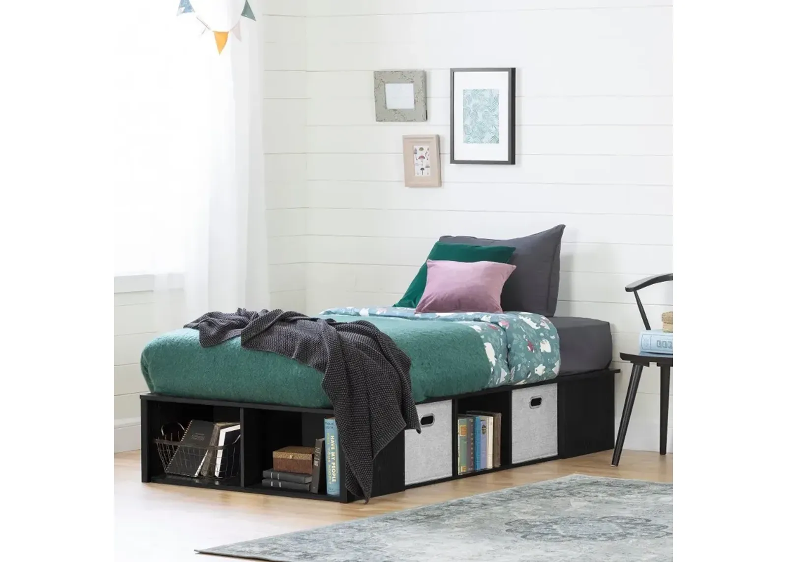 Black Oak Twin Platform Bed with Storage Bins - South Shore