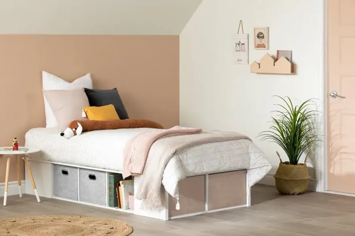 White Twin Platform Bed with Storage Bins - South Shore