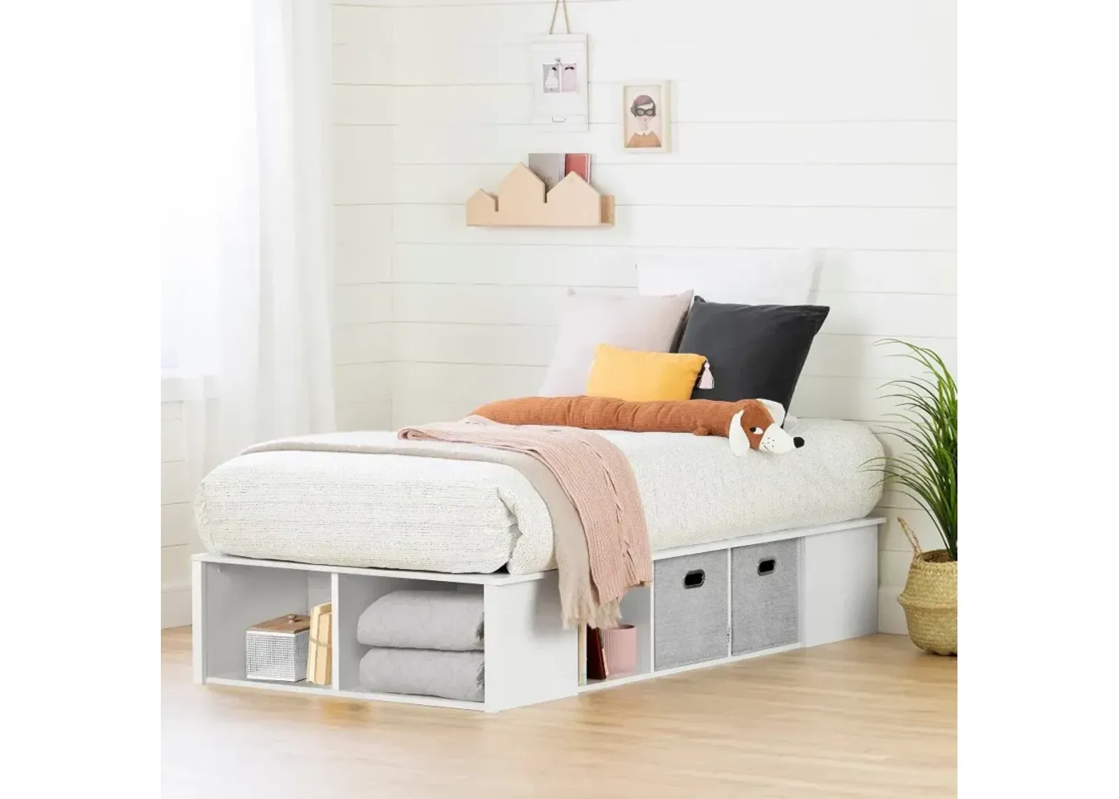 White Twin Platform Bed with Storage Bins - South Shore