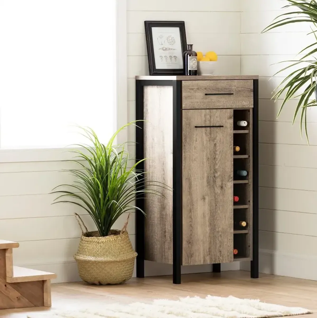 Weathered Oak and Black Tall Bar Cabinet - South Shore