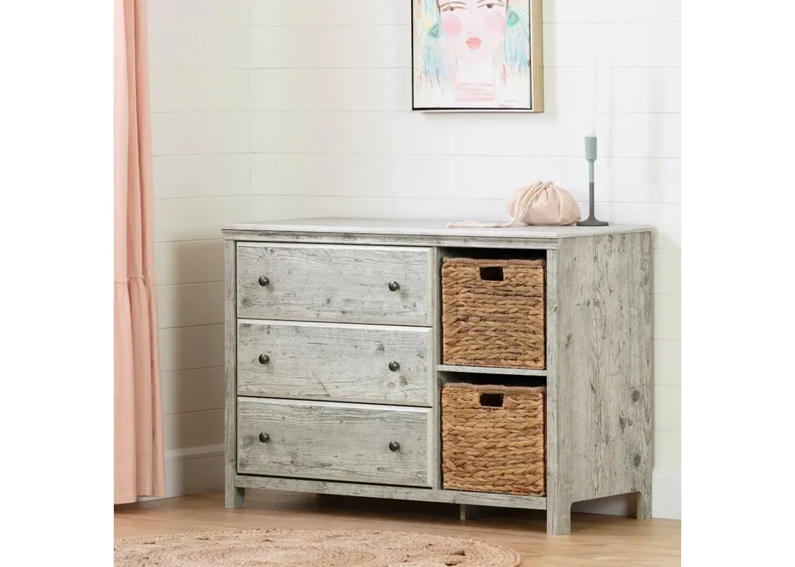 Cotton Candy Pine 3 Drawer Dresser with Baskets - South Shore