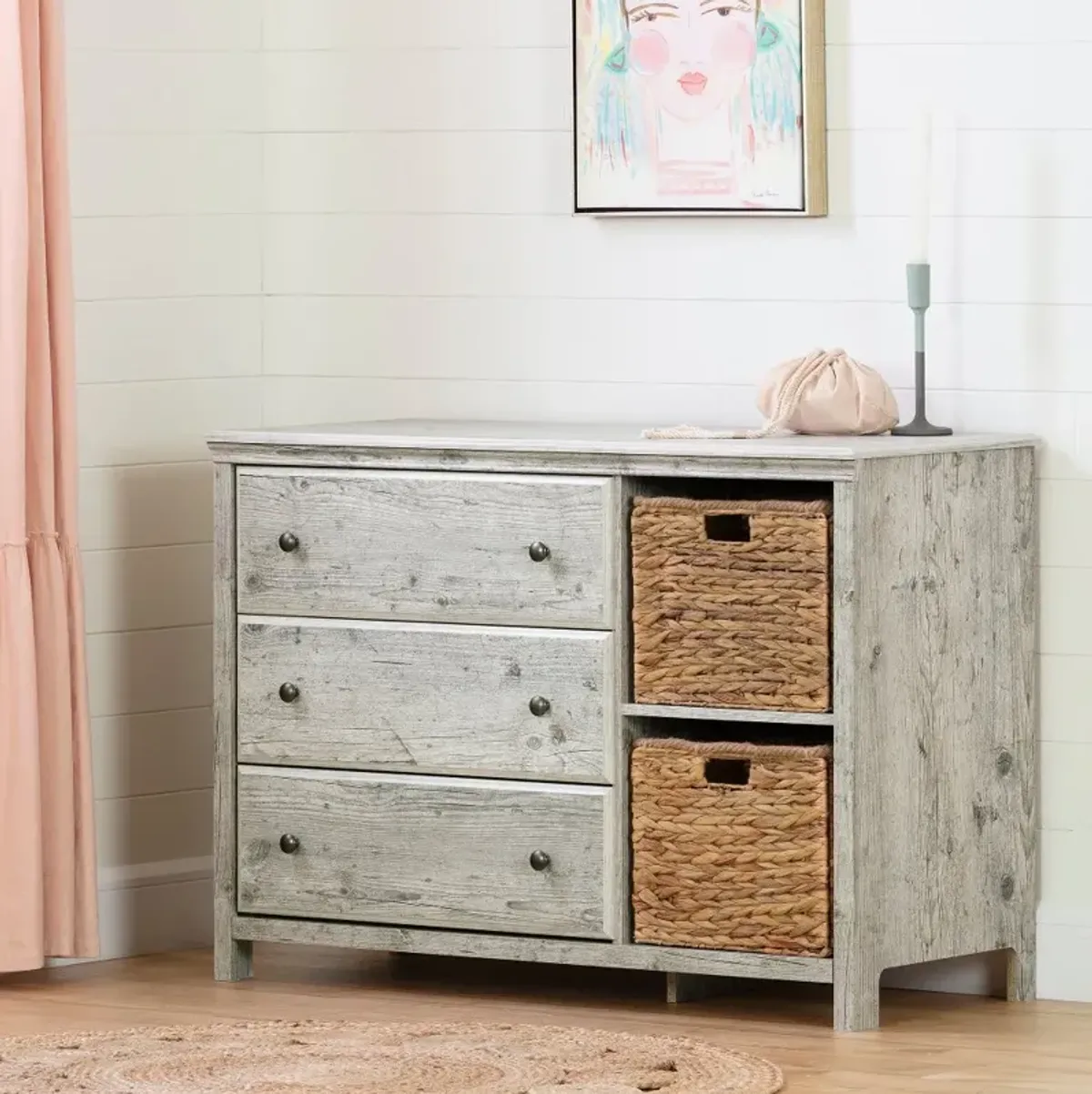 Cotton Candy Pine 3 Drawer Dresser with Baskets - South Shore