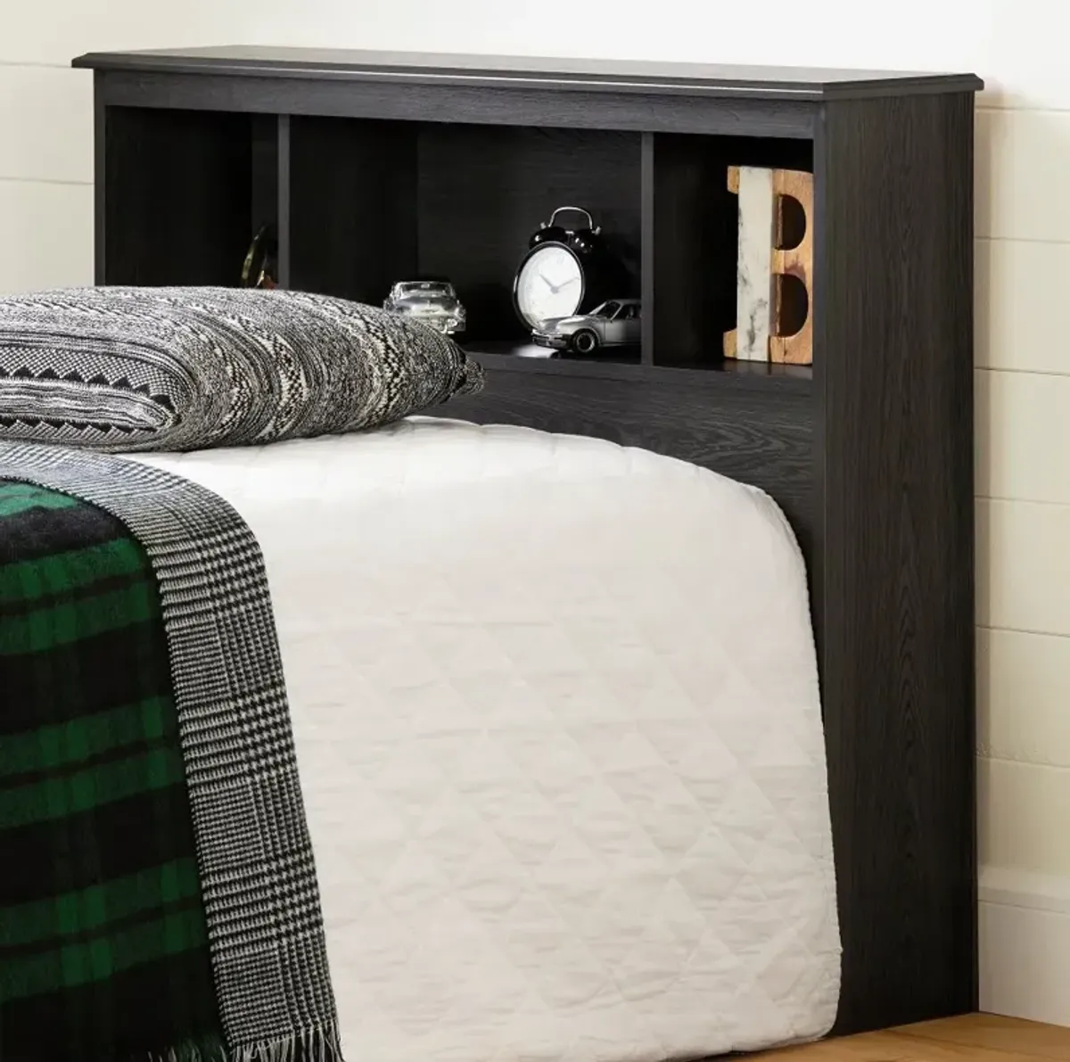 Zach Classic Dark Gray Oak Twin Bookcase Headboard - South Shore