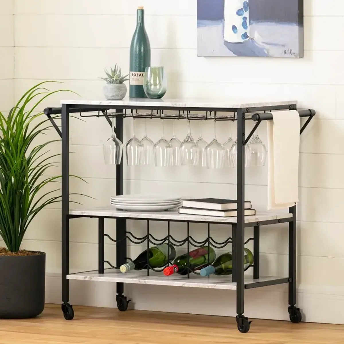 Maliza White Faux Marble and Black Bar Cart - South Shore