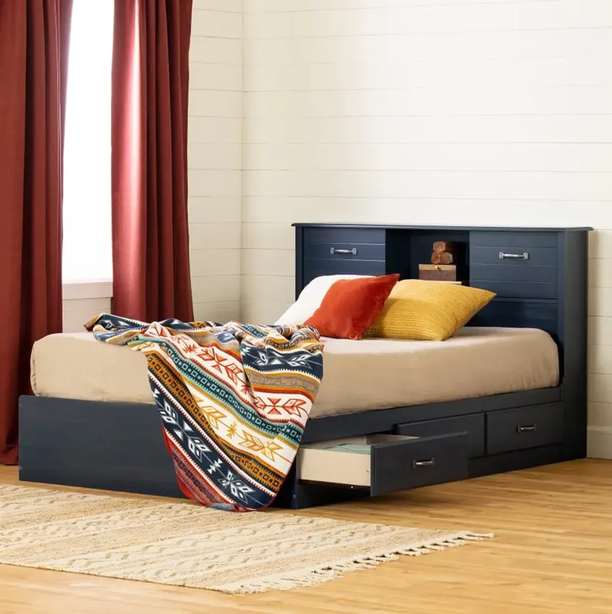 Asten Contemporary Blue Full Storage Platform Bed - South Shore