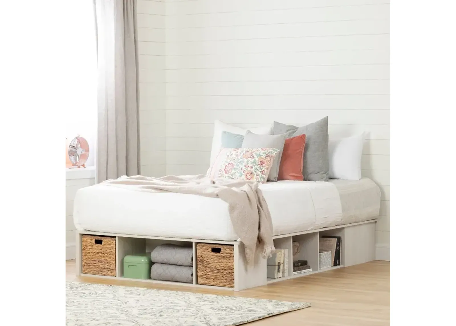 Lilak Winter Oak White Queen Storage Bed with Baskets - South Shore