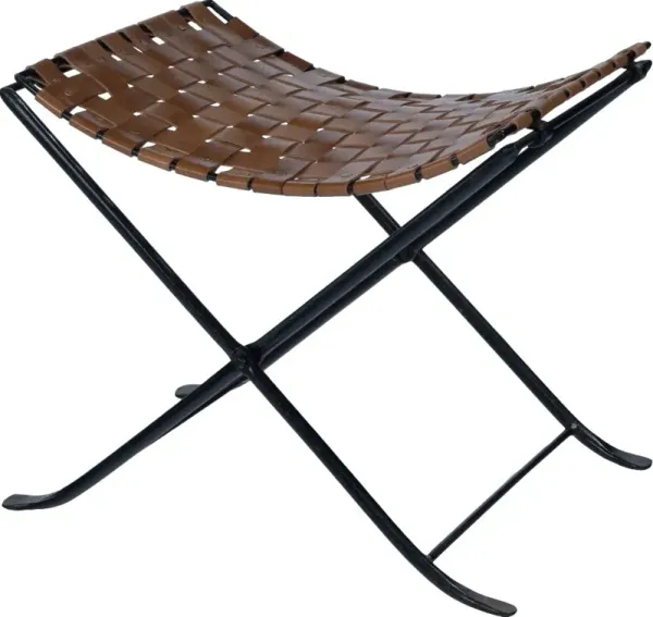 Brown Leather Stool on Black Iron Frame