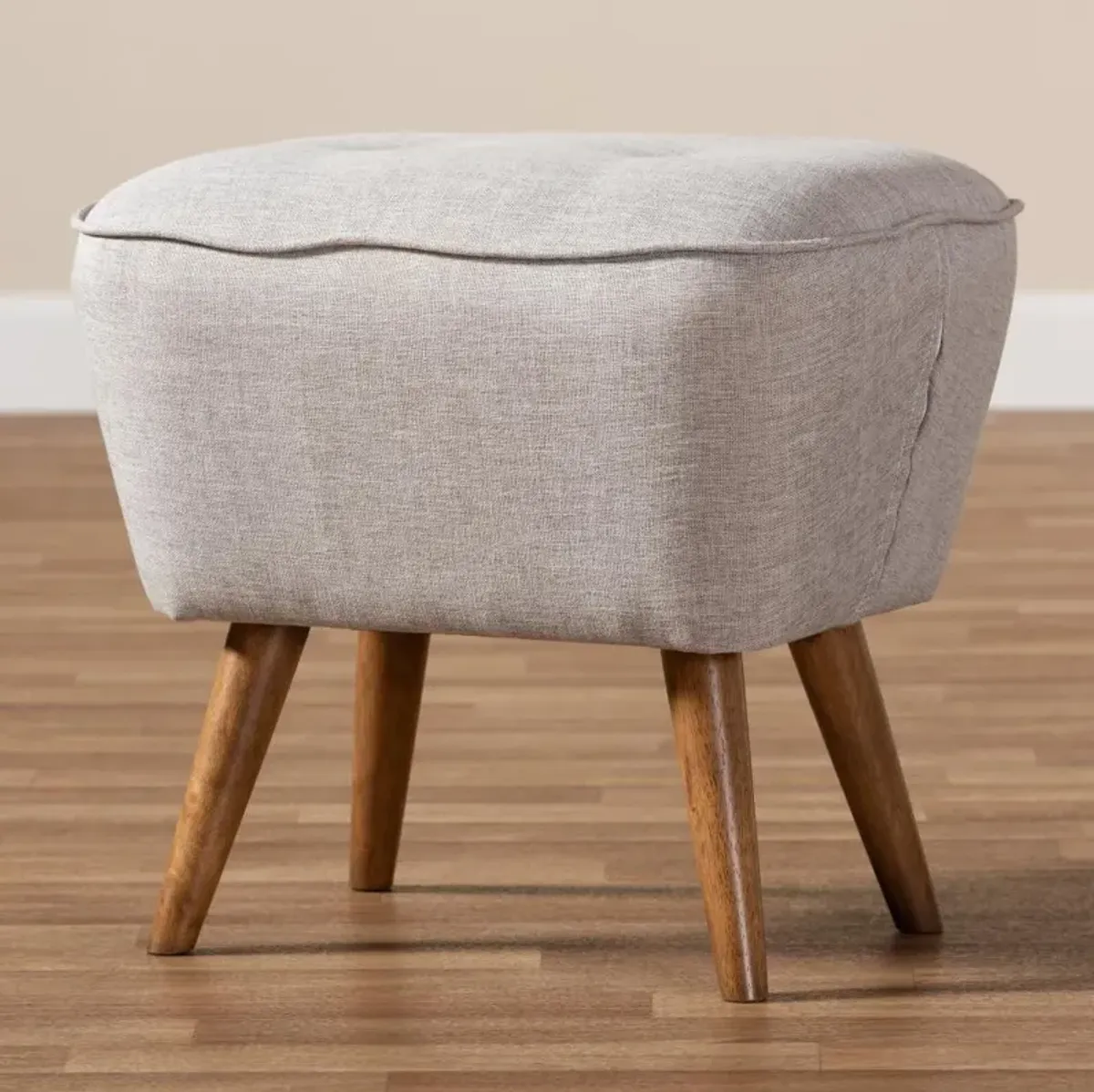 Mid Century Modern Gray Beige Upholstered Ottoman - Jeanie