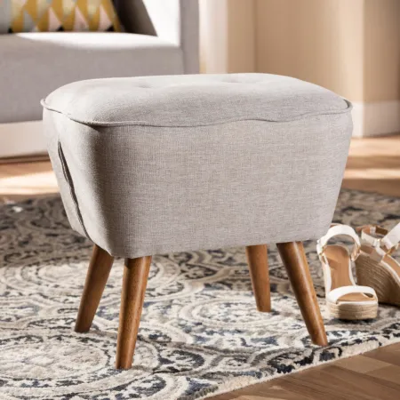Mid Century Modern Gray Beige Upholstered Ottoman - Jeanie