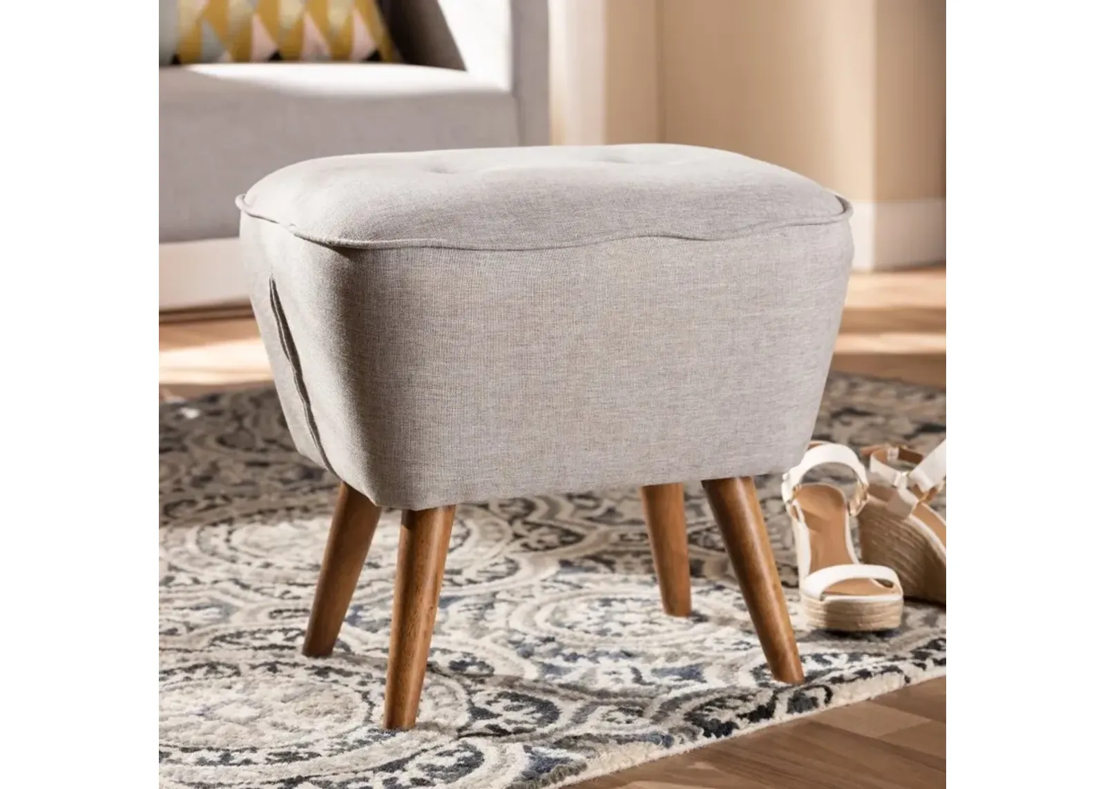 Mid Century Modern Gray Beige Upholstered Ottoman - Jeanie