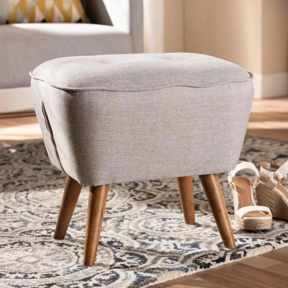 Mid Century Modern Gray Beige Upholstered Ottoman - Jeanie