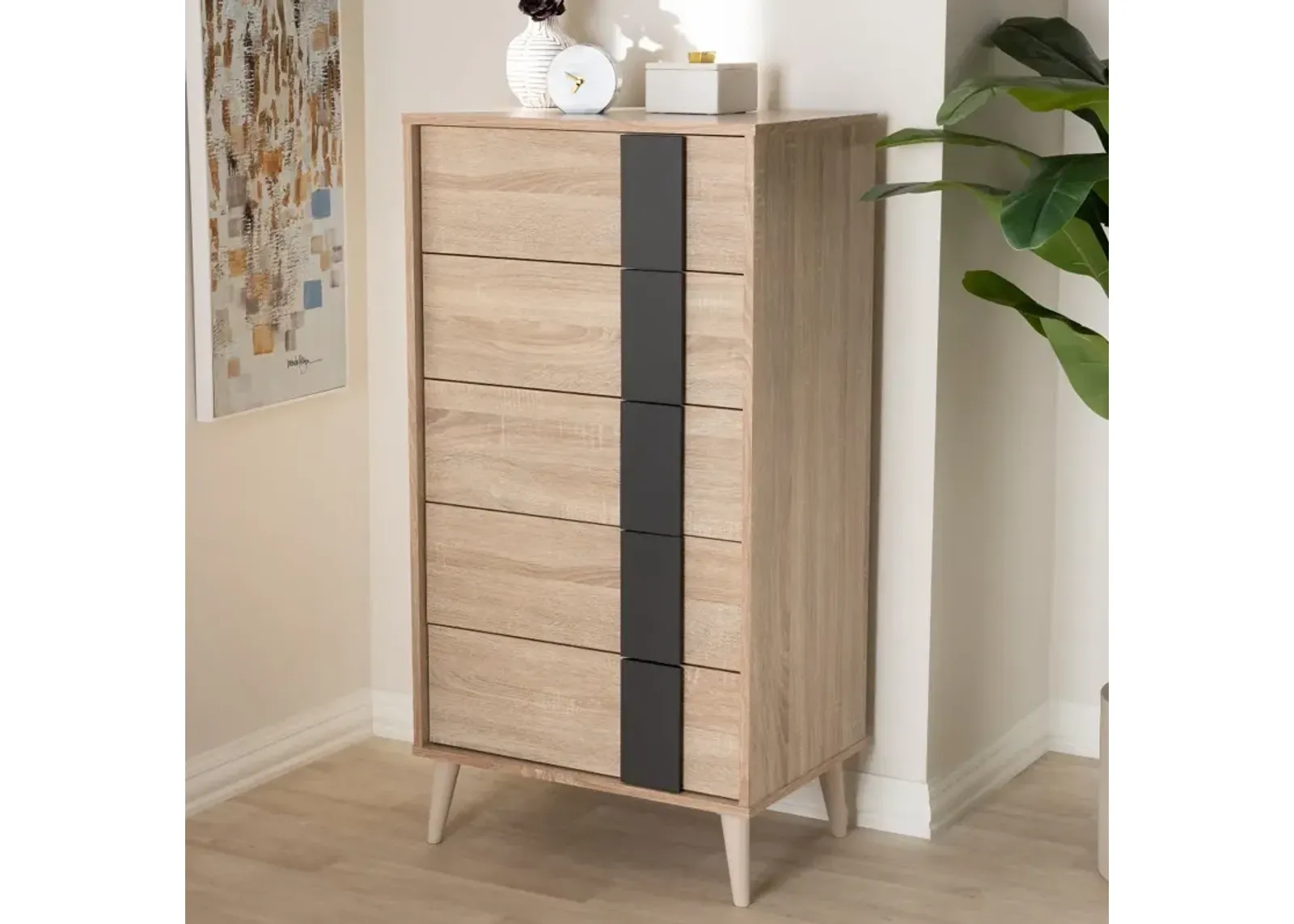 Modern Oak and Gray 5 Drawer Chest of Drawers - Silas