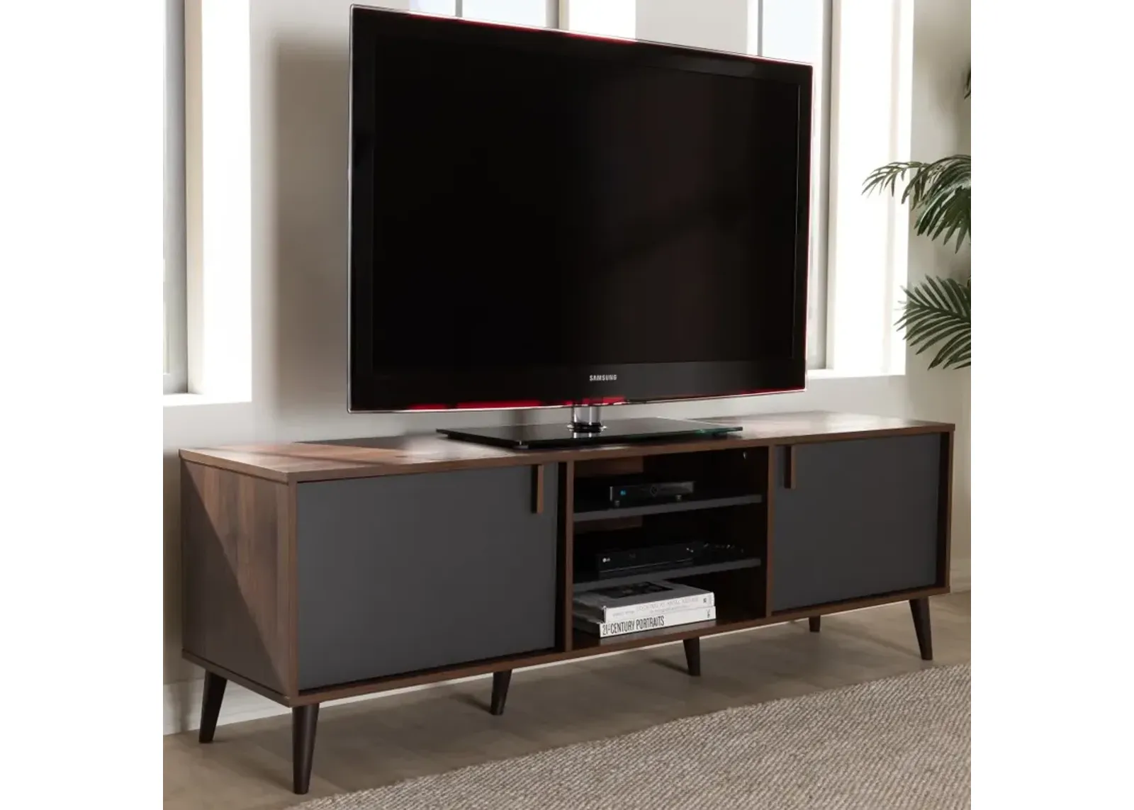 Modern Brown and Dark Grey Finished Mid-Century TV Stand - Abilene