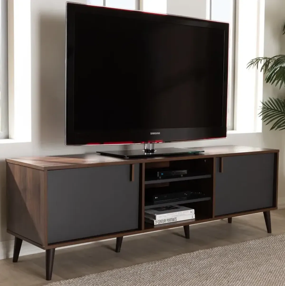 Modern Brown and Dark Grey Finished Mid-Century TV Stand - Abilene