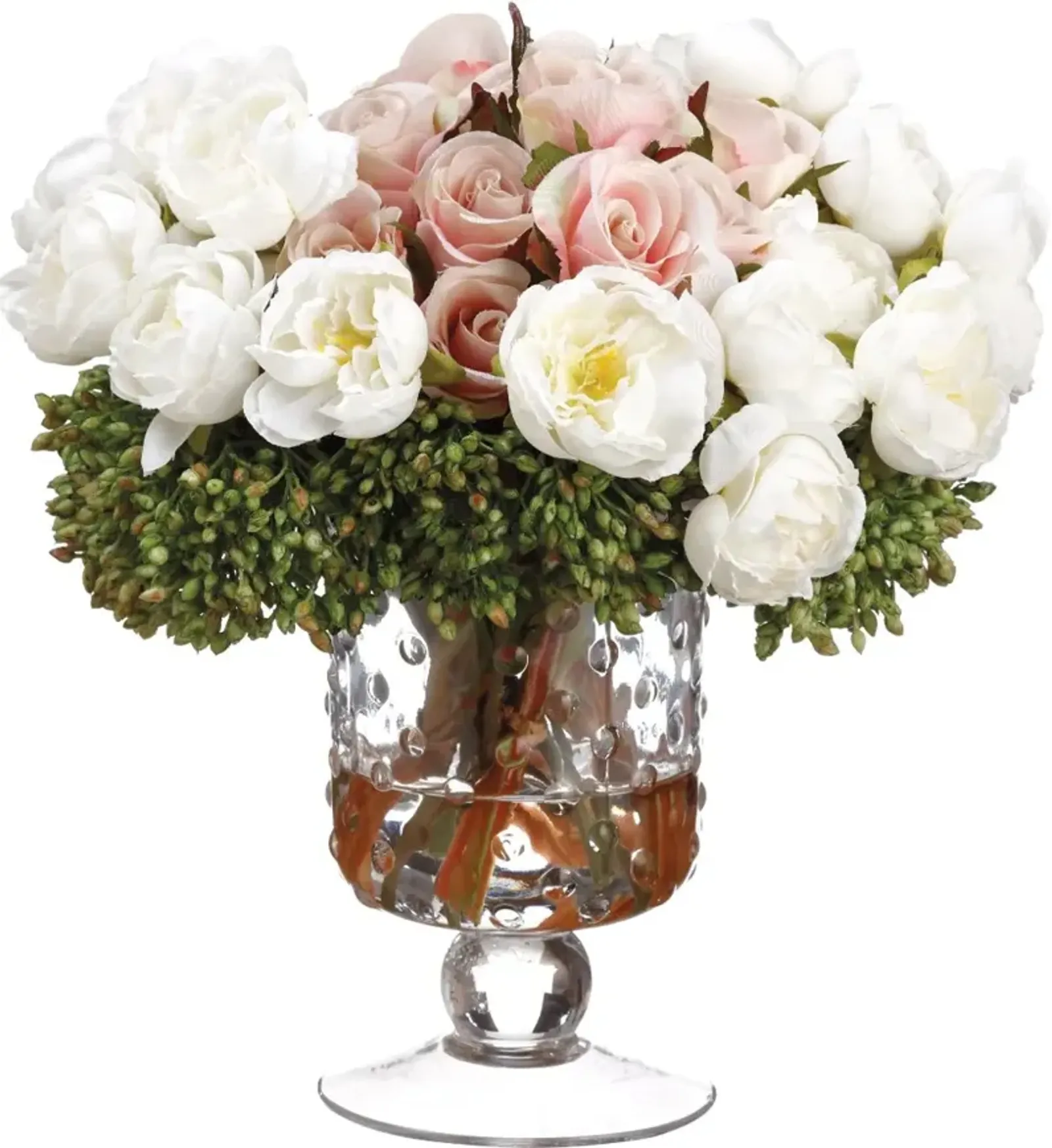 Cream and Pink Faux Ranunculus Rose and Berry Arrangement in Glass...