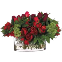 Red and Green Rose and Dahlia Faux Arrangement in Glass Vase