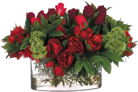 Red and Green Rose and Dahlia Faux Arrangement in Glass Vase