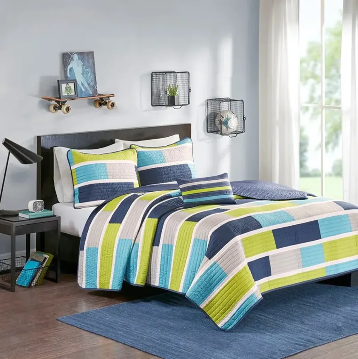 Navy, Gray and Green Twin Bradley 3 Piece Bedding Collection