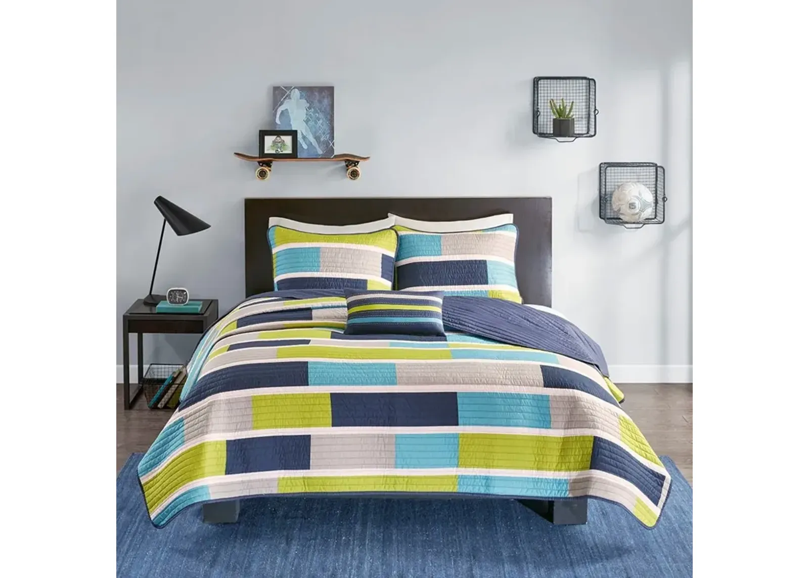 Navy, Gray and Green Twin Bradley 3 Piece Bedding Collection