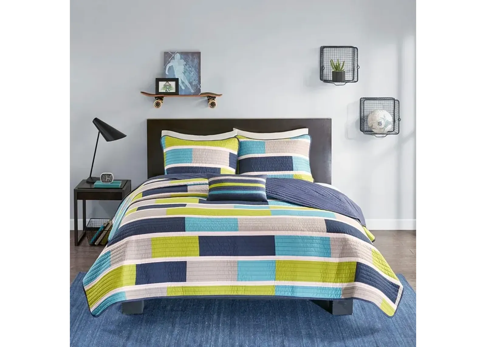 Navy, Gray and Green Full Bradley 4 Piece Bedding Collection