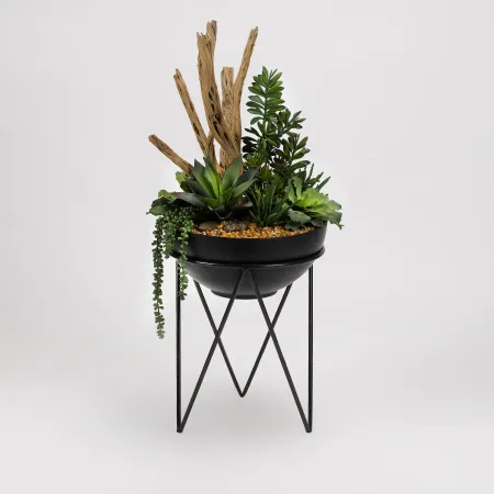 Faux Succulents and Driftwood Arrangement in Black Resin Bowl