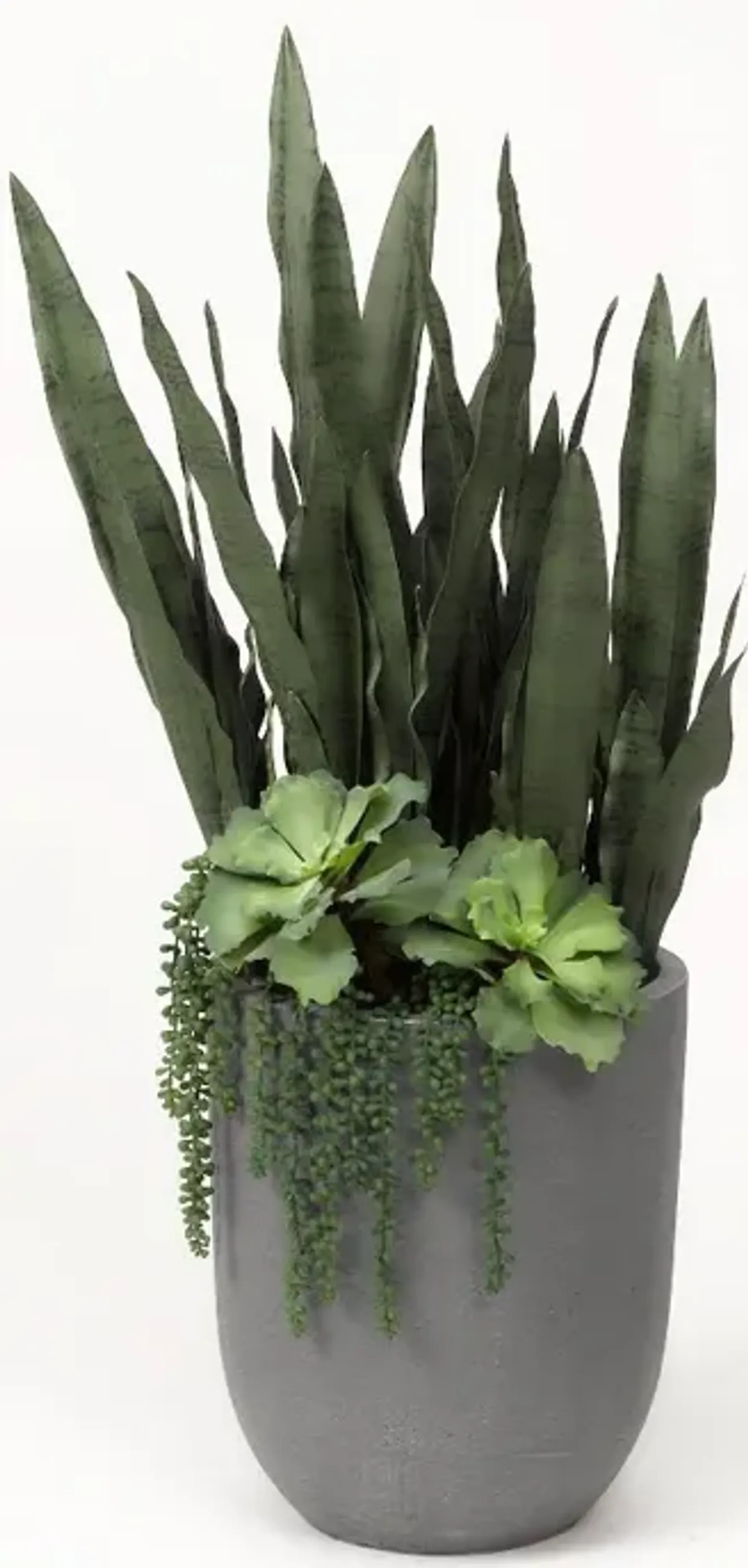 Faux Green Senaveria, Echeveria, and Cedum Arrangement in Gray Container