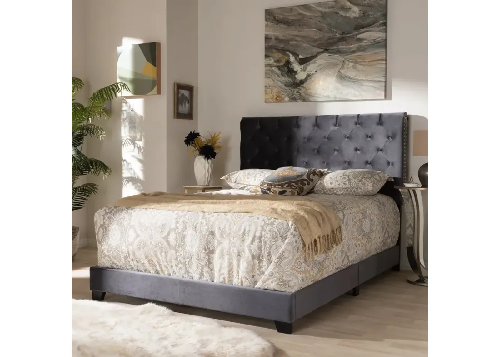 Glam Dark Gray Velvet Upholstered Full Bed - Katelin