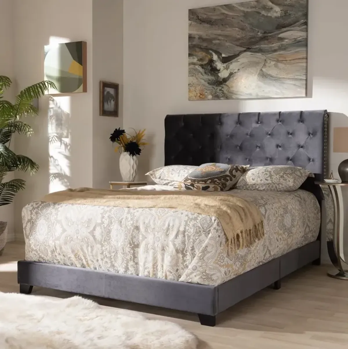 Glam Dark Gray Velvet Upholstered Queen Bed - Katelin