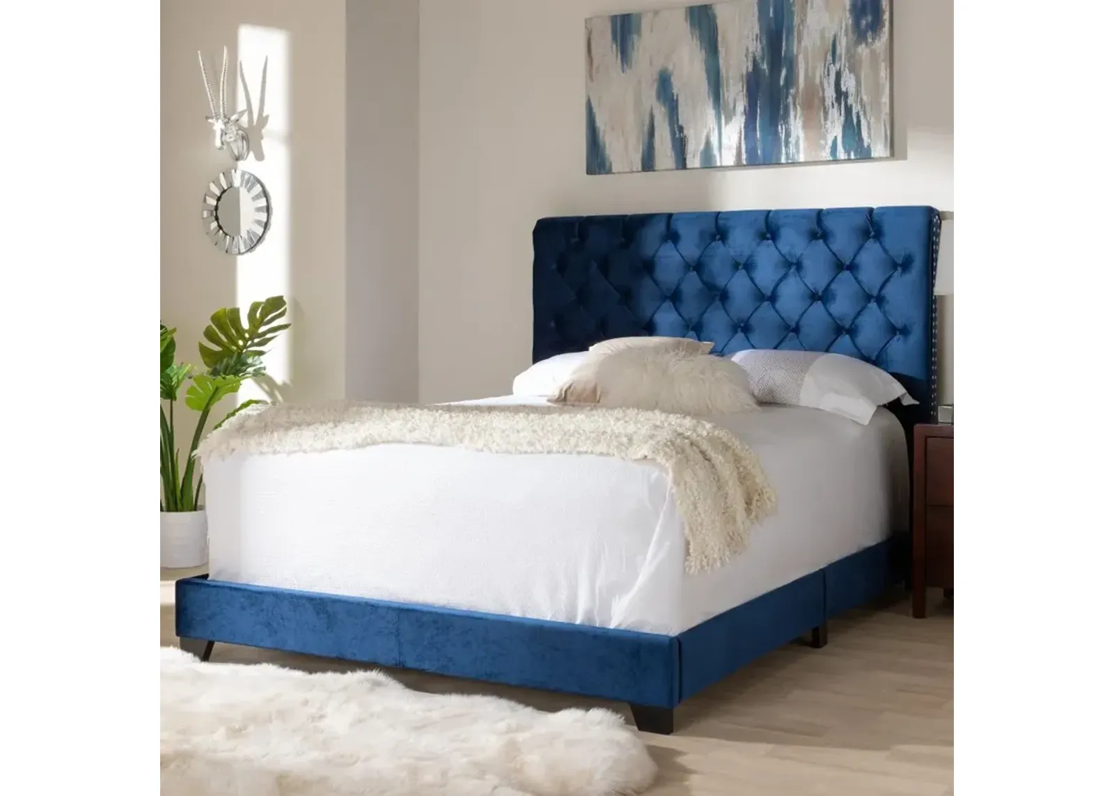 Glam Navy Blue Velvet Upholstered Full Bed - Katelin