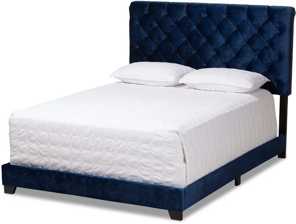 Glam Navy Blue Velvet Upholstered Queen Bed - Katelin