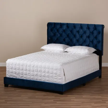 Glam Navy Blue Velvet Upholstered King Bed - Katelin