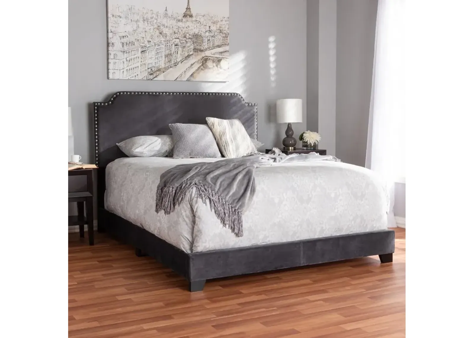 Glam Dark Gray Velvet Upholstered Full Bed - Eleanora