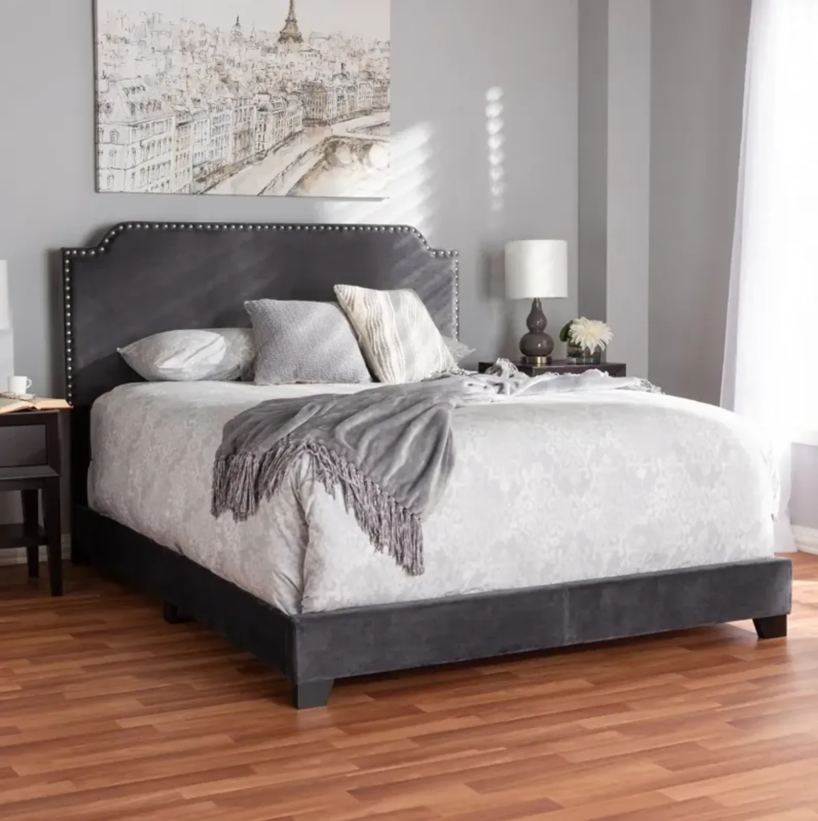 Glam Dark Gray Velvet Upholstered Full Bed - Eleanora