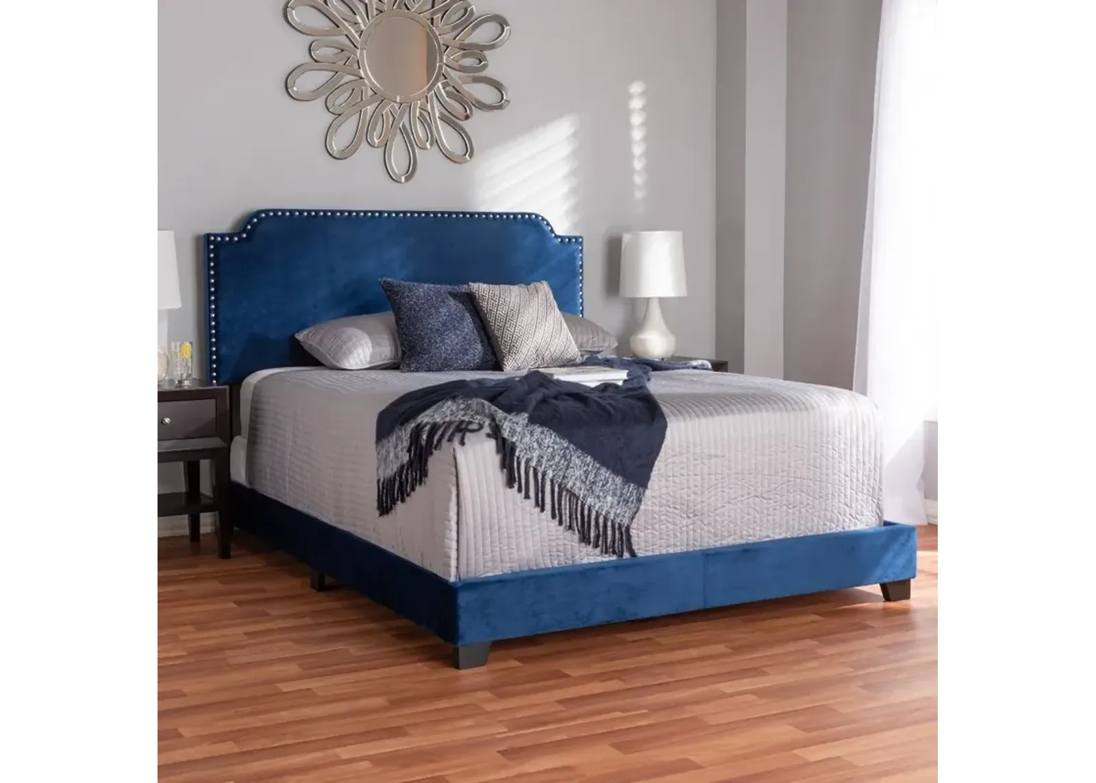 Glam Navy Blue Velvet Upholstered Full Bed - Eleanora