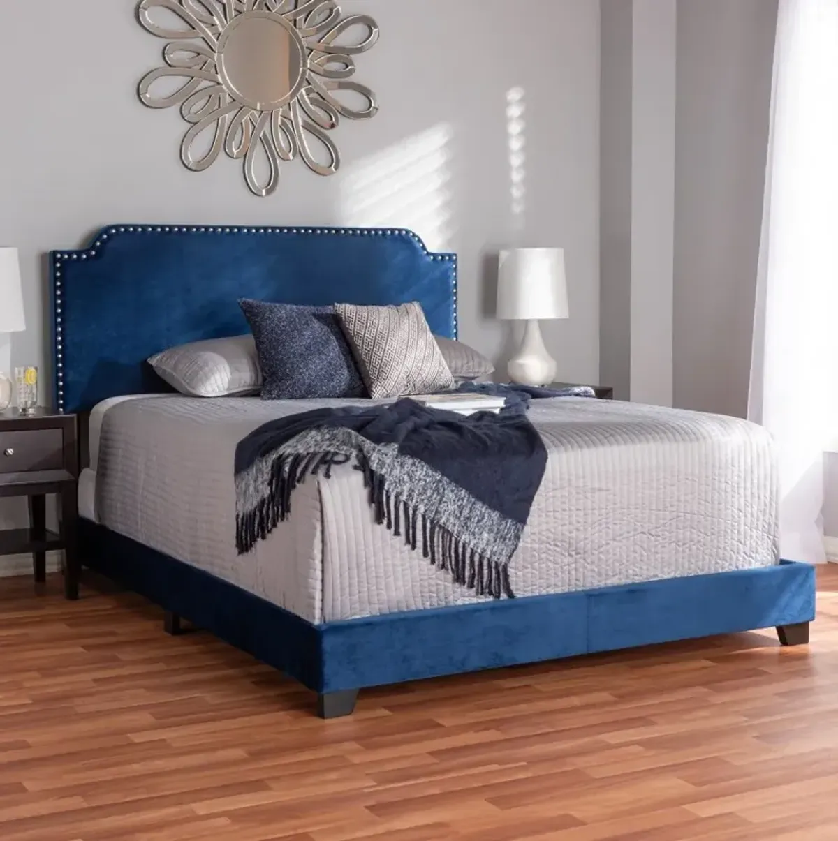 Glam Navy Blue Velvet Upholstered Full Bed - Eleanora