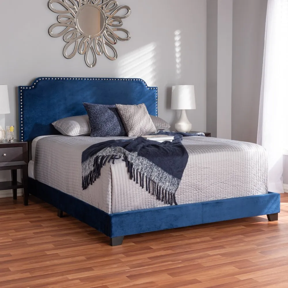 Glam Navy Blue Velvet Upholstered Full Bed - Eleanora