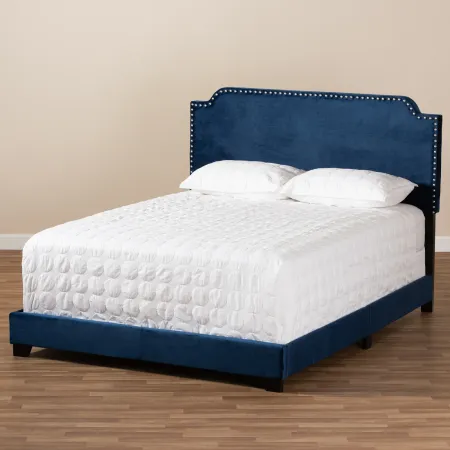 Glam Navy Blue Velvet Upholstered Queen Bed - Eleanora